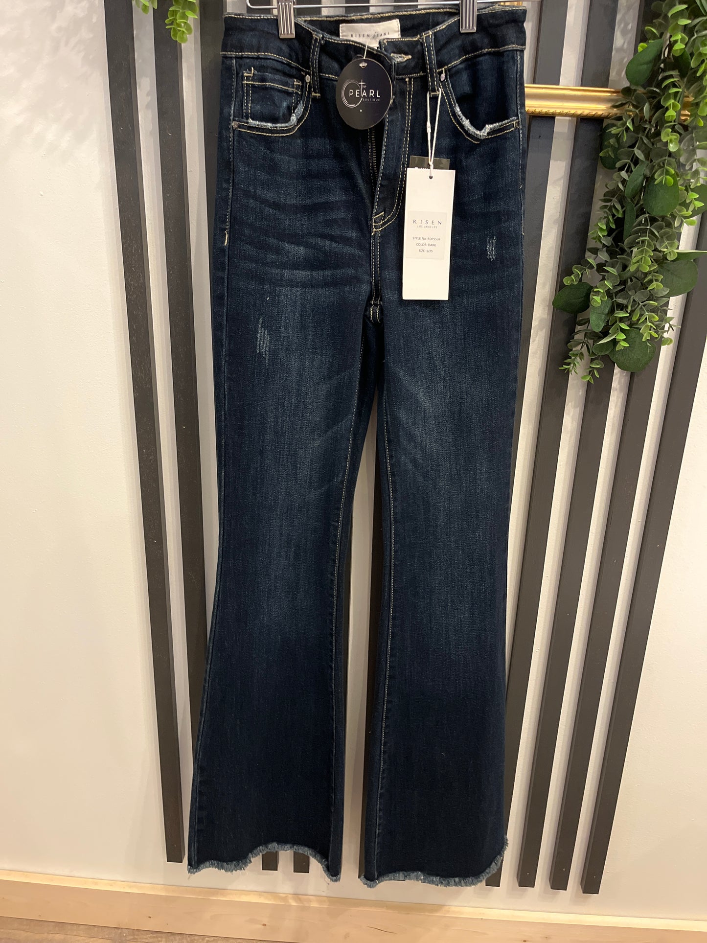 Frayed Hem Jeans-Dark