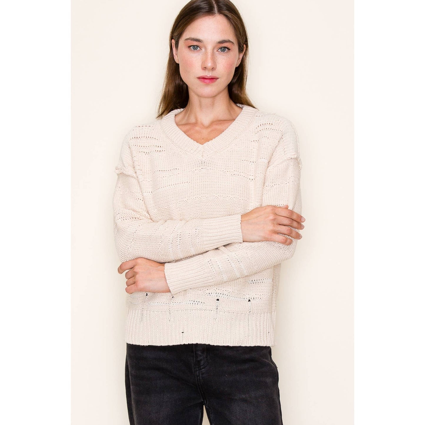 Distressed V-Neck Pullover Sweater
