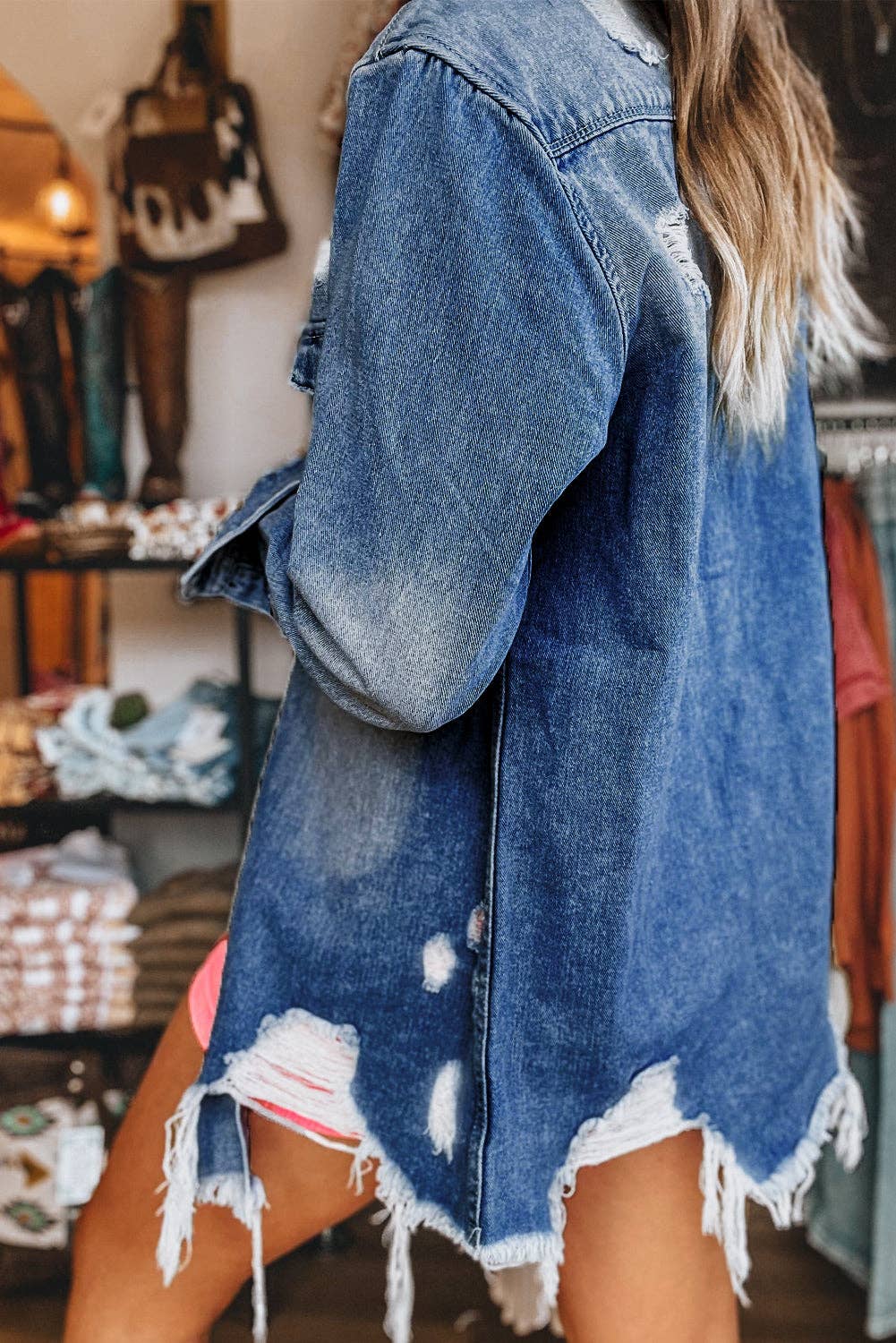 Distressed Long Denim Jacket
