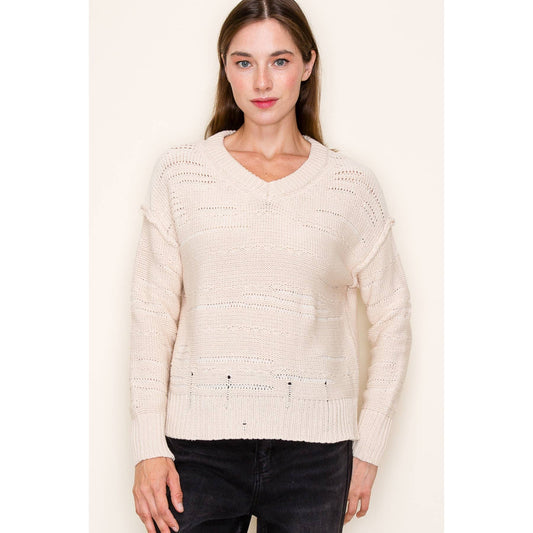 Distressed V-Neck Pullover Sweater